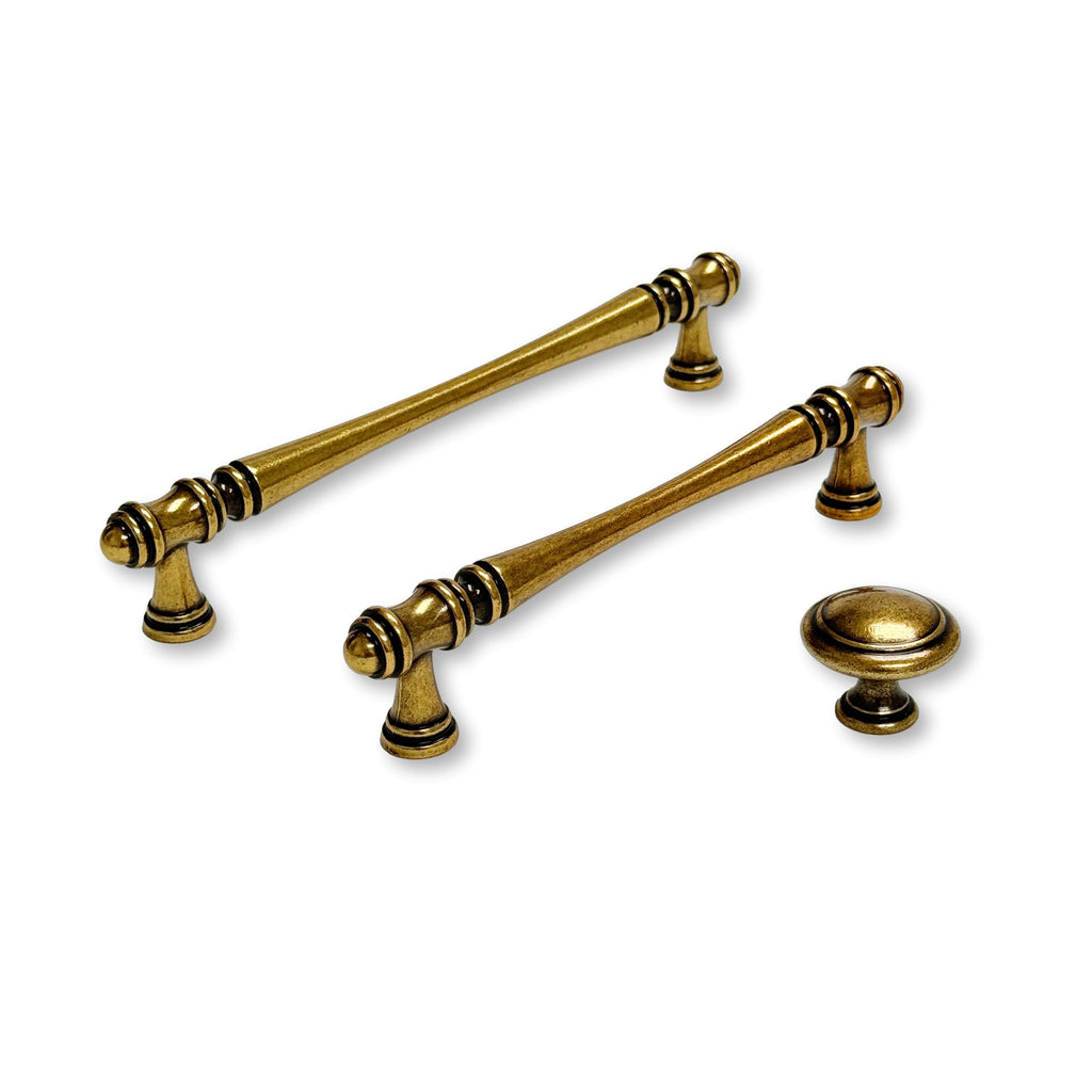 Cabinet Hardware "Palermo" Drawer Pulls and Knobs in Antique Brass - Forge Hardware Studio