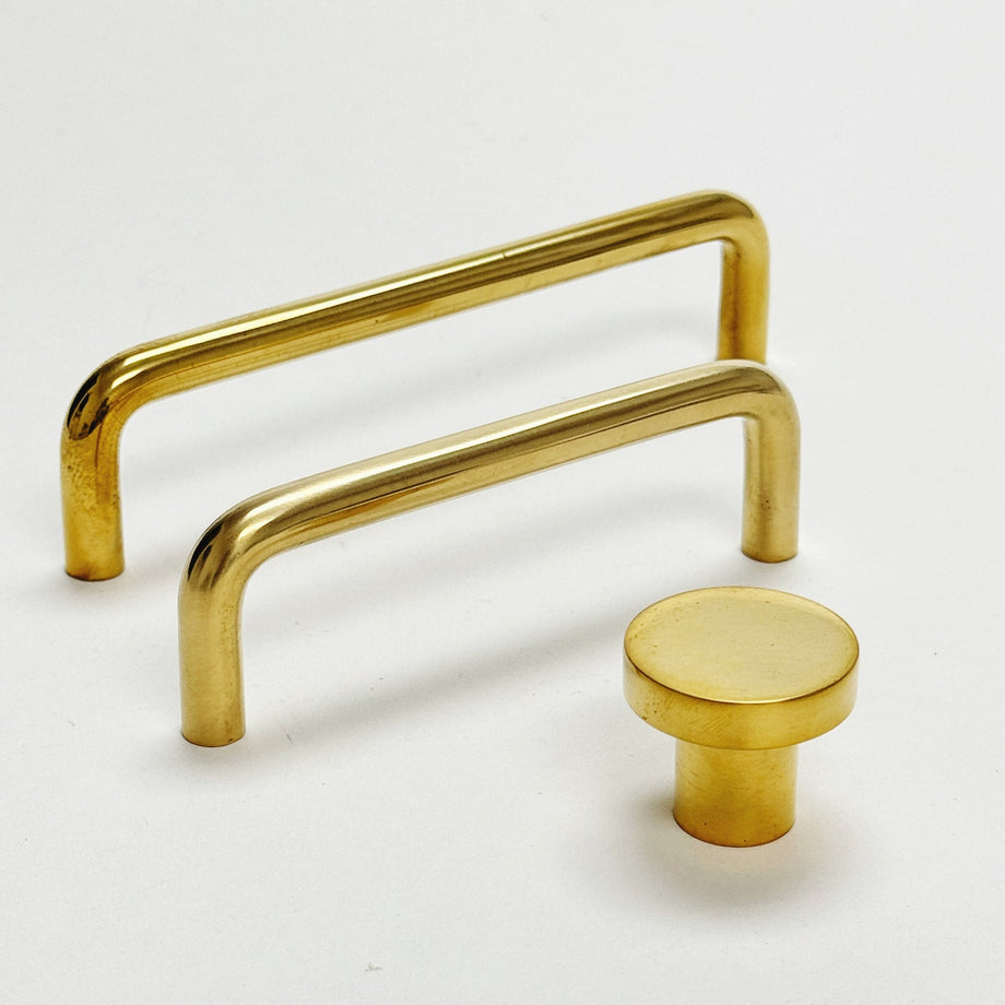 Unlacquered Brass Tubular Cabinet Knob and Wire Drawer Pulls
